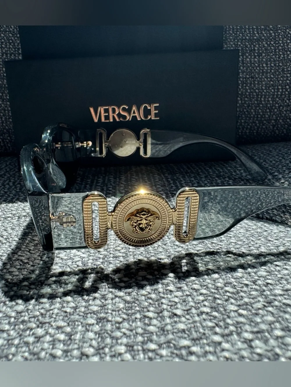 Versace Women's Clear Gray Crystal Rectangle Sunglasses